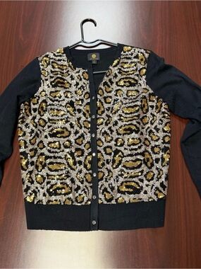 JM Collection Black Cardigan with Gold & Silver Sequin Leopard Accents